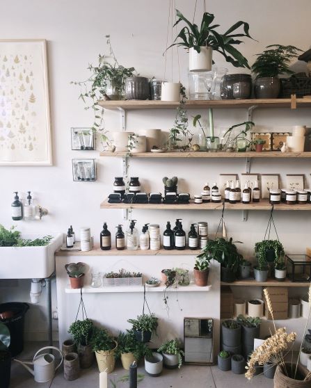 Pots on Beige Wooden Wall Shelf