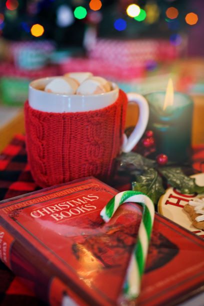 Hot Chocolate In Cup With Christmas Book In Cozy Place