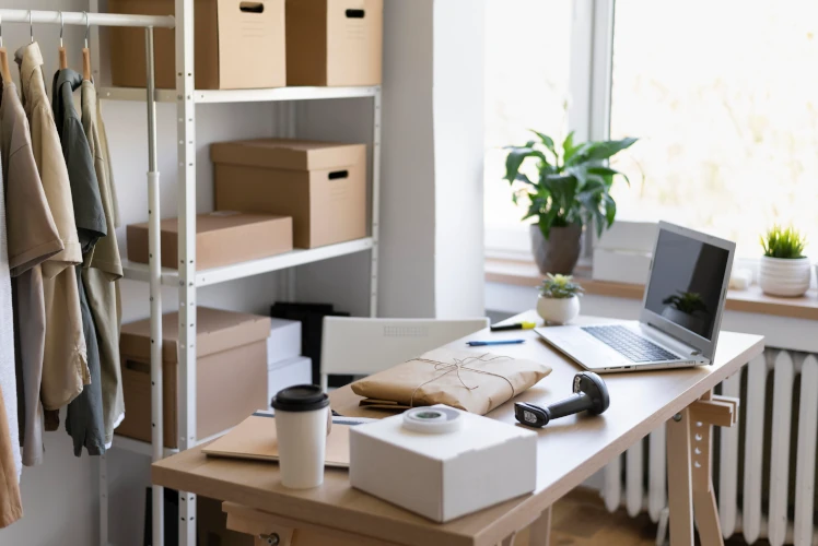Organised work station in living space with storage boxes- Article 11.2